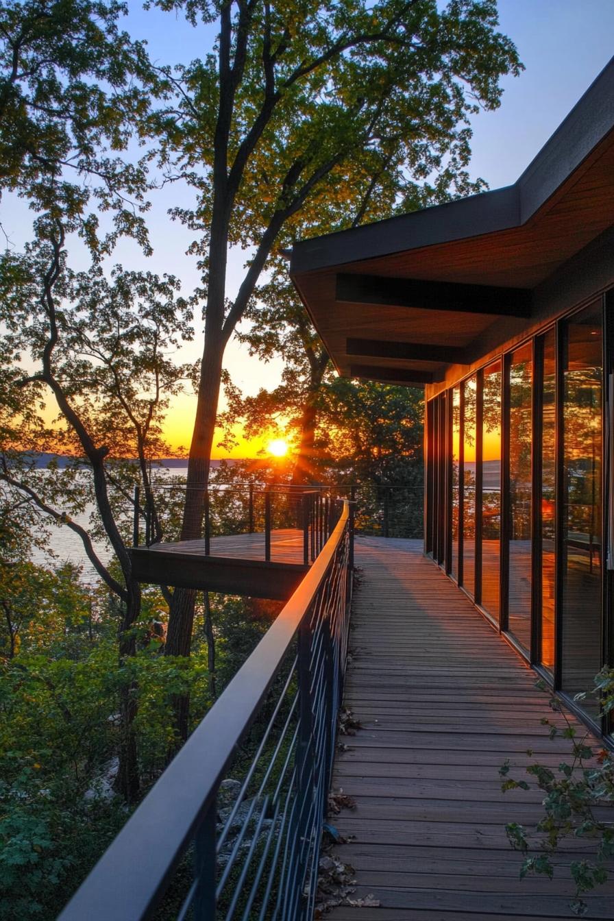 mid century modern cabin with wraparound decks with metal railing lakeside hill sunset