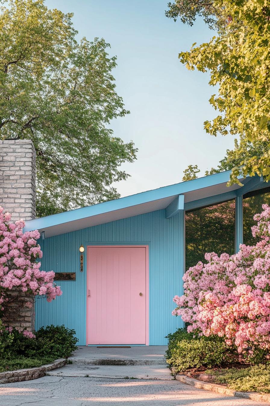 mid century modern house facade in electric blue and pastel pink colors 2