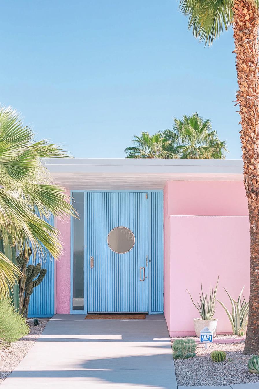 mid century modern house facade in electric blue and pastel pink colors 3