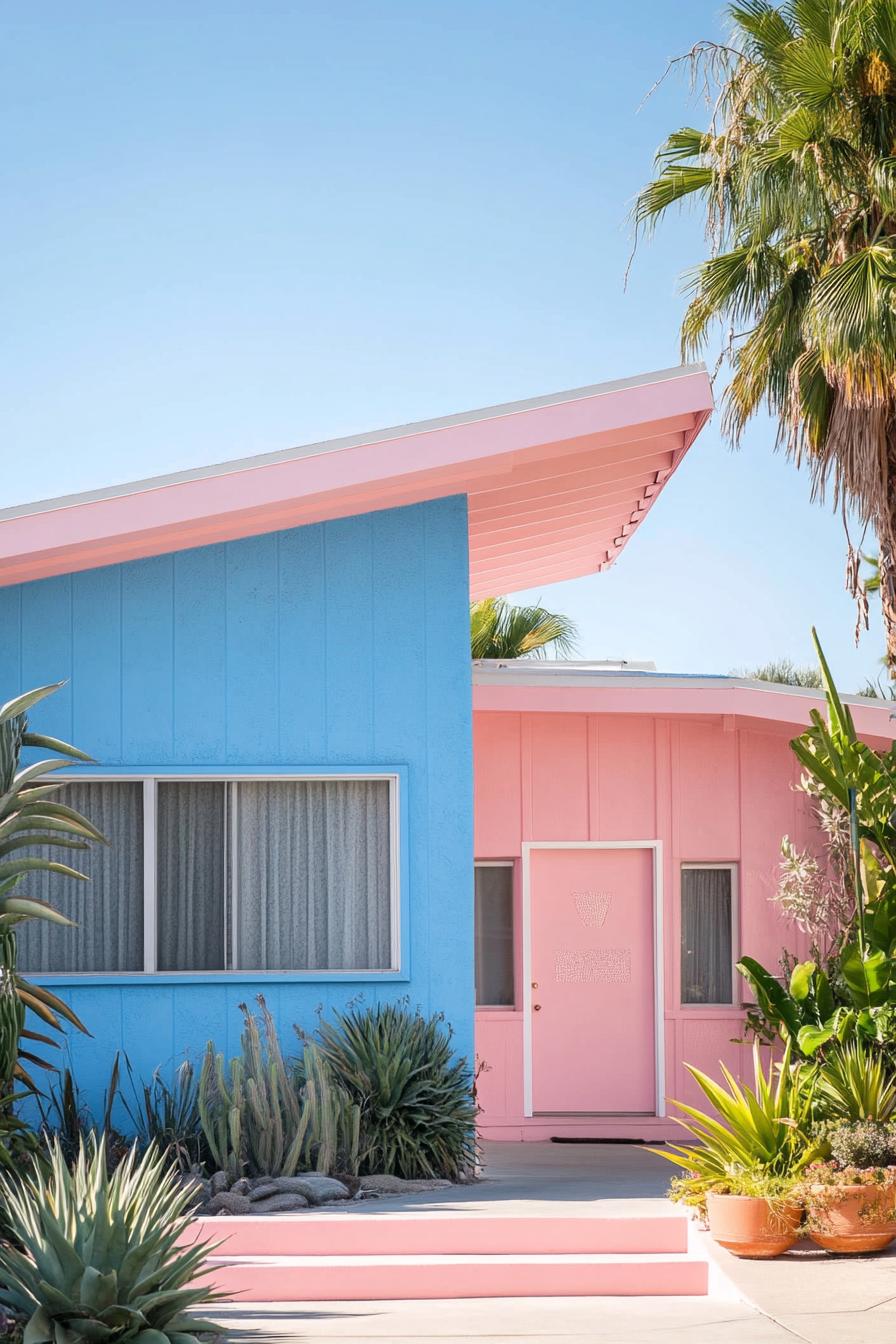 mid century modern house facade in electric blue and pastel pink colors