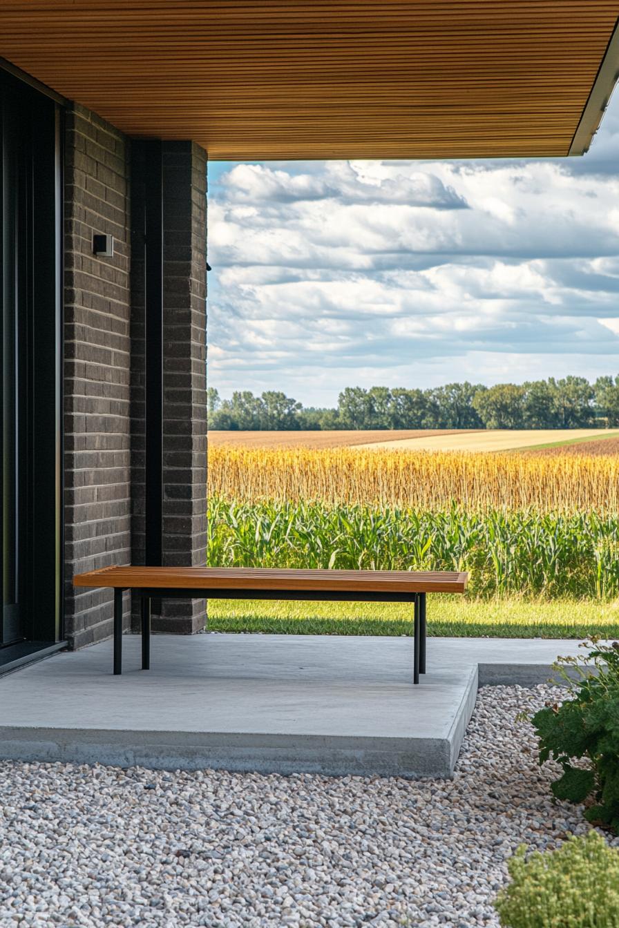 mid century modern house front porch open and minimalist with a single Danish bench Scandinavian fields in the background 1