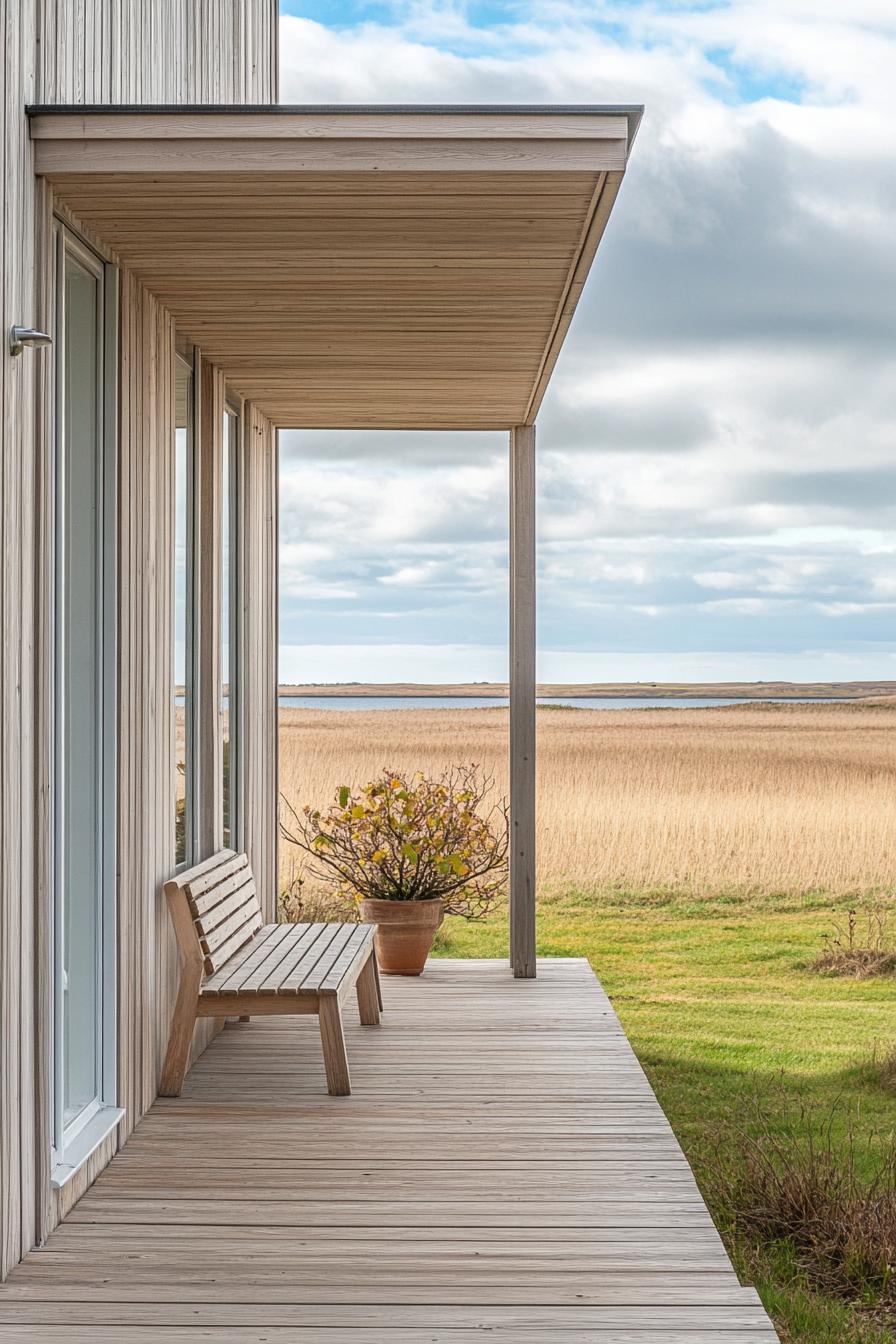 mid century modern house front porch open and minimalist with a single Danish bench Scandinavian fields in the background 2