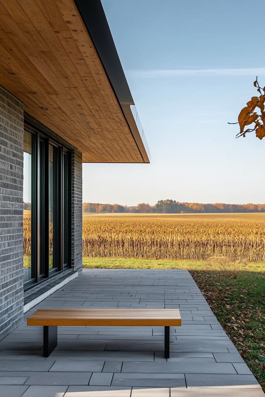 mid century modern house front porch open and minimalist with a single Danish bench Scandinavian fields in the background 3