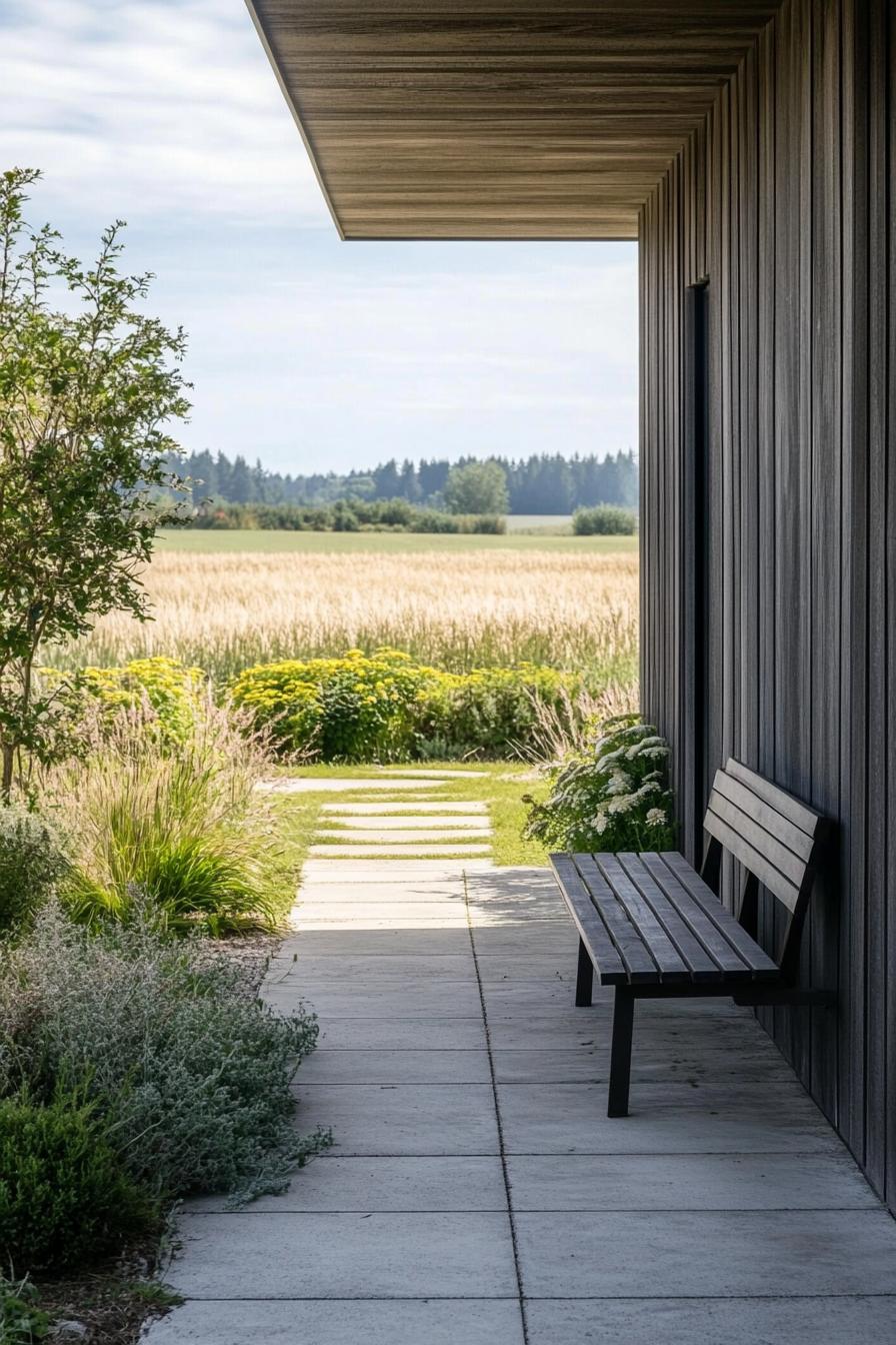 mid century modern house front porch open and minimalist with a single Danish bench Scandinavian fields in the background