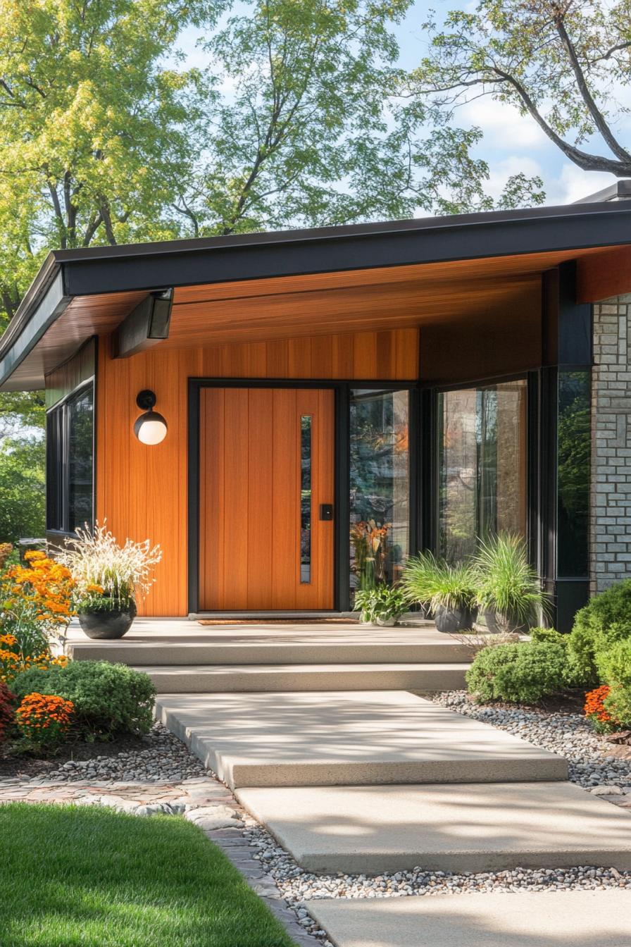 mid century modern house front porch with natural wood siding 1