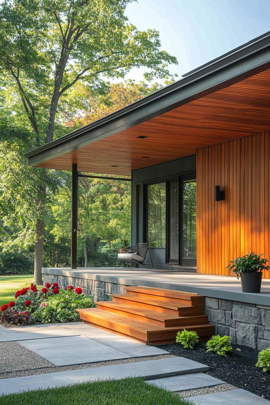 mid century modern house front porch with natural wood siding 2