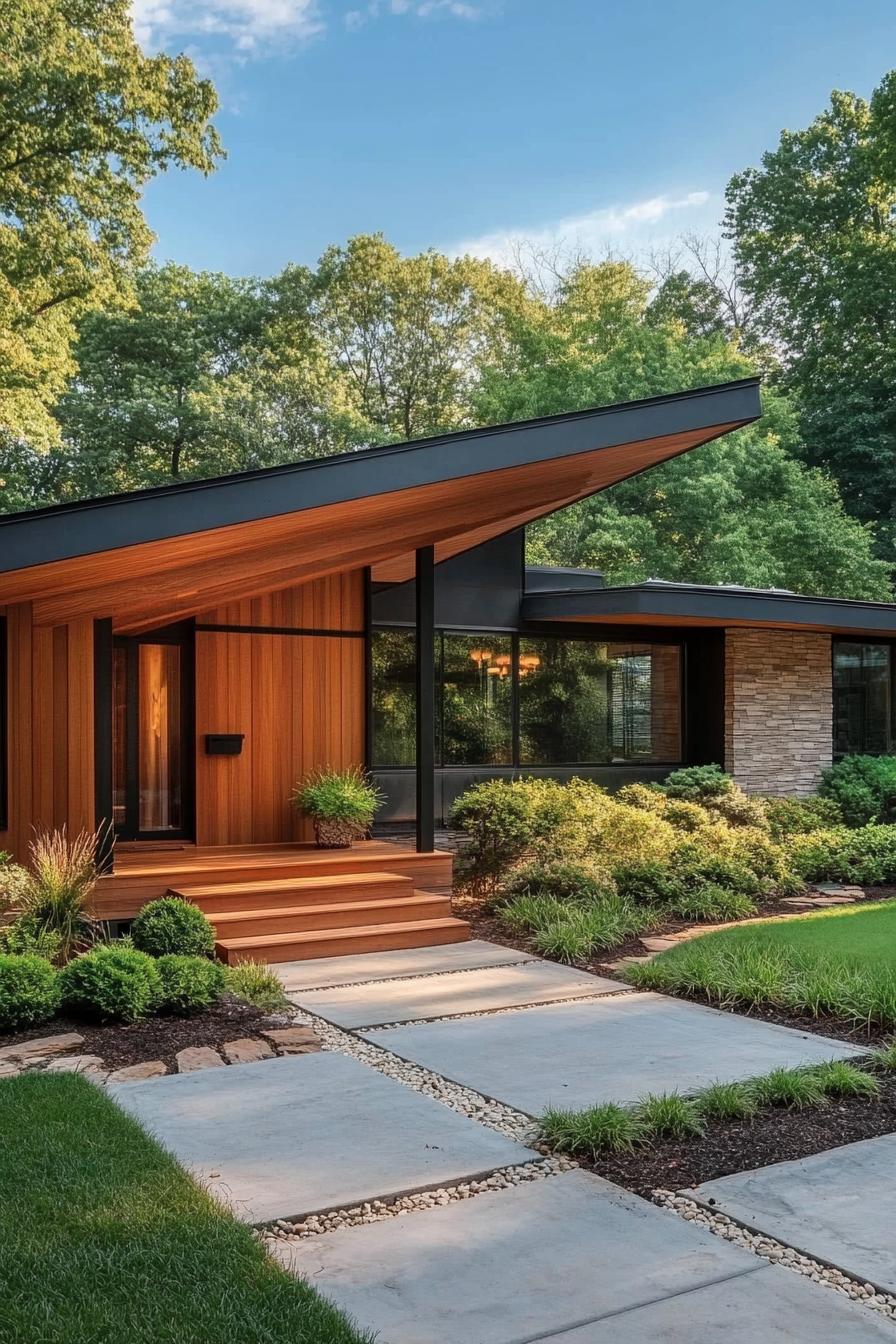 mid century modern house front porch with natural wood siding 3