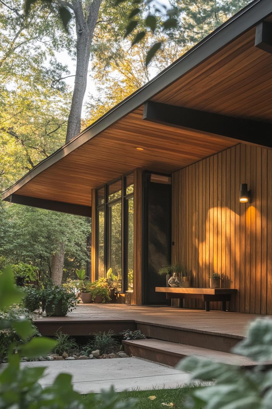 mid century modern house front porch with natural wood siding