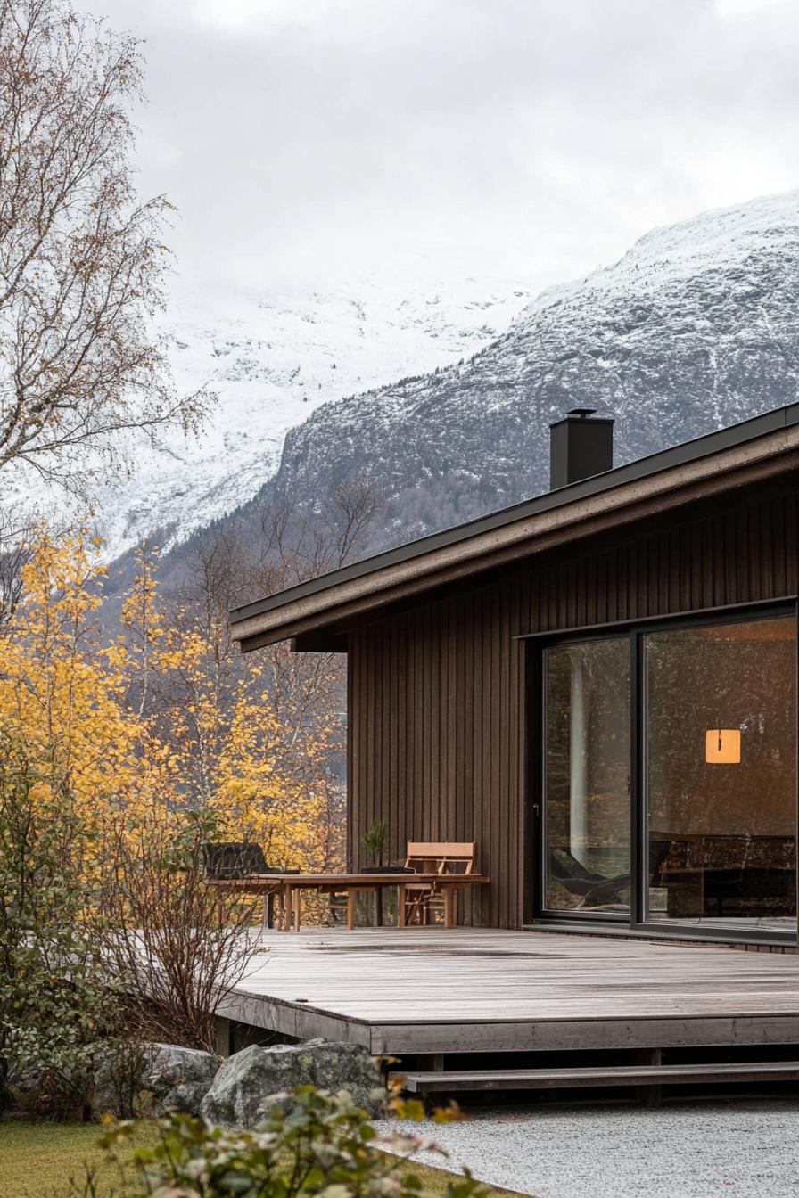 mid century modern lodge hous facade in earthy color tones Scandinavian mountains in the background 1