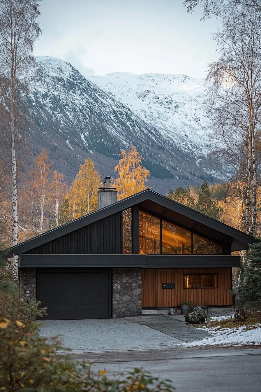 mid century modern lodge hous facade in earthy color tones Scandinavian mountains in the background 2