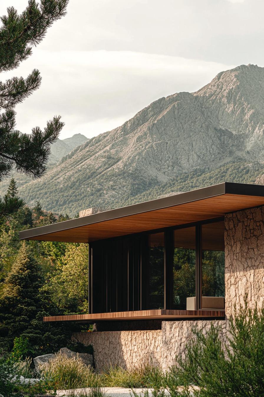 mid century modern lodge hous facade in earthy color tones Scandinavian mountains in the background 3