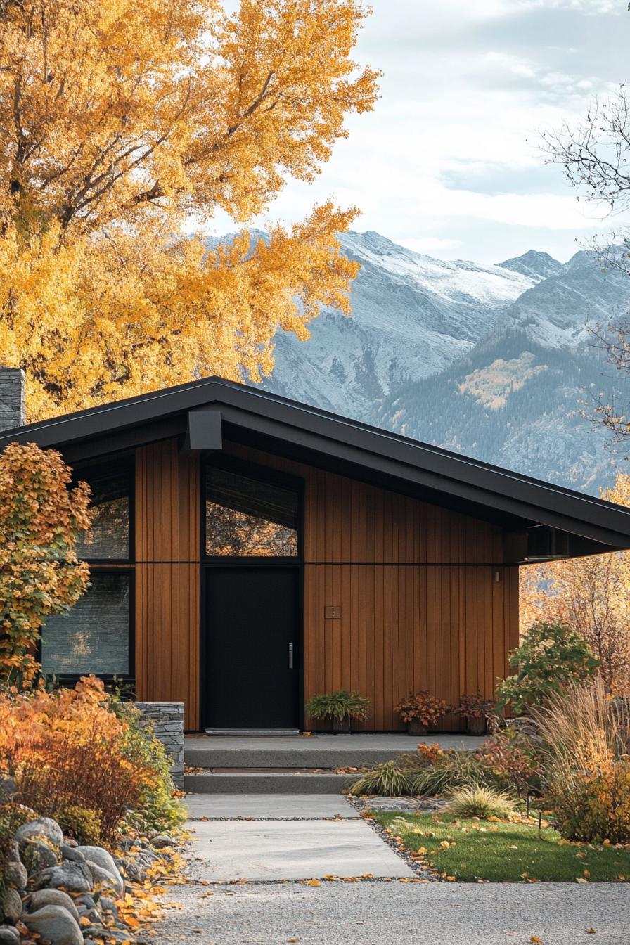 mid century modern lodge hous facade in earthy color tones Scandinavian mountains in the background