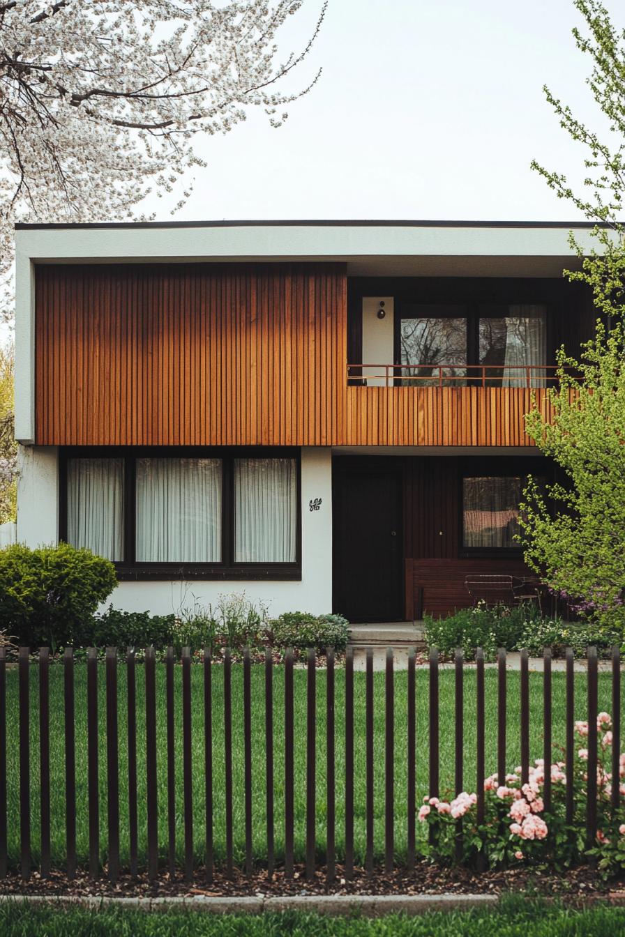 modern 70s style geometric house facade yard with vertical slat fencing in suburban neighborhood in spring 1