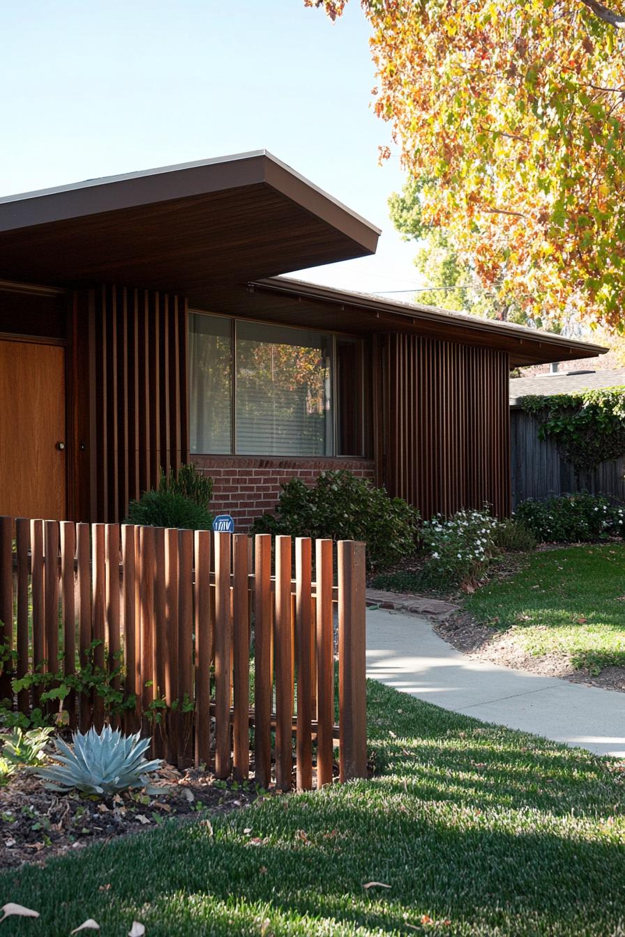 modern 70s style geometric house facade yard with vertical slat fencing in suburban neighborhood in spring 2