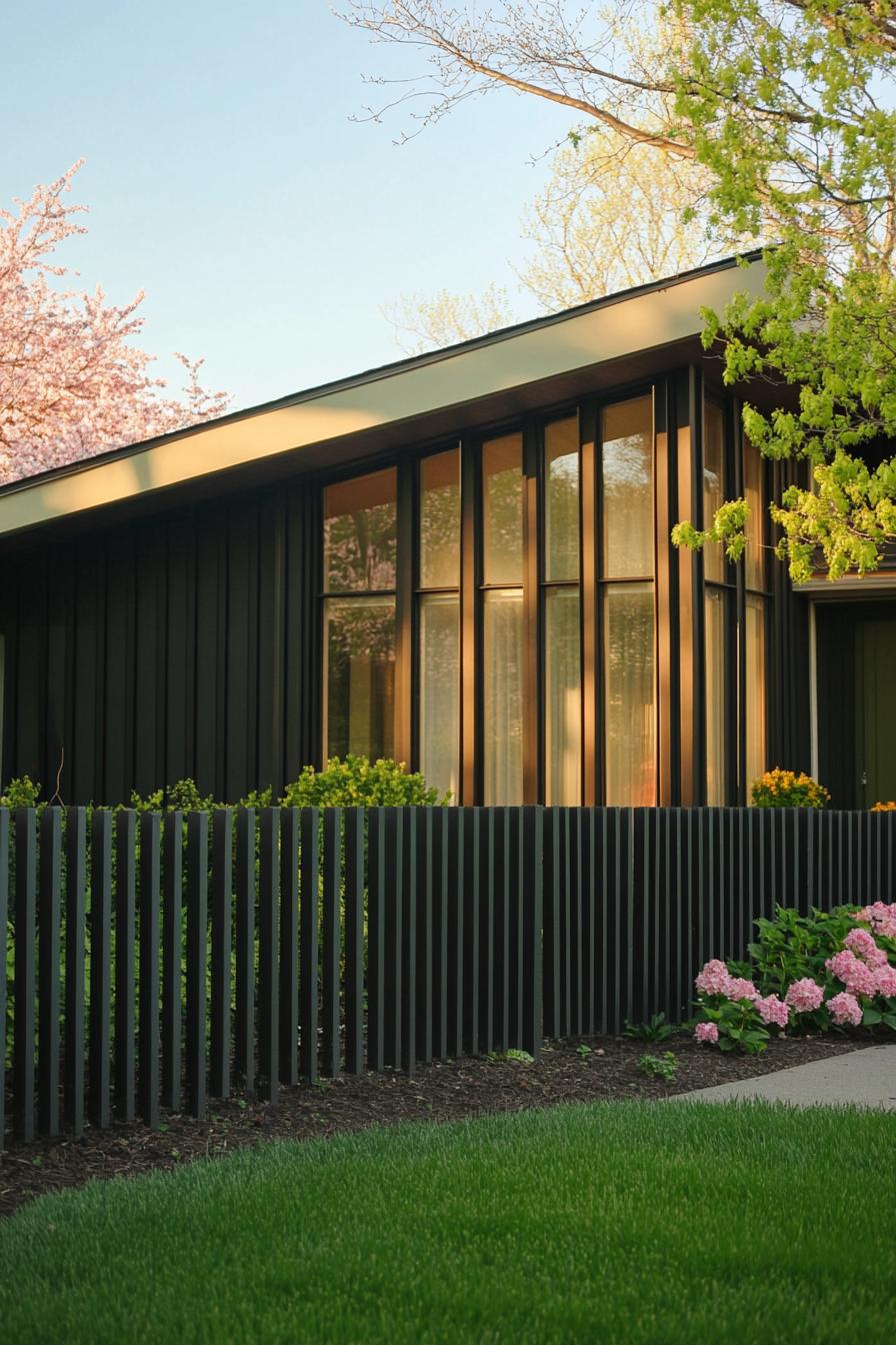 modern 70s style geometric house facade yard with vertical slat fencing in suburban neighborhood in spring 3