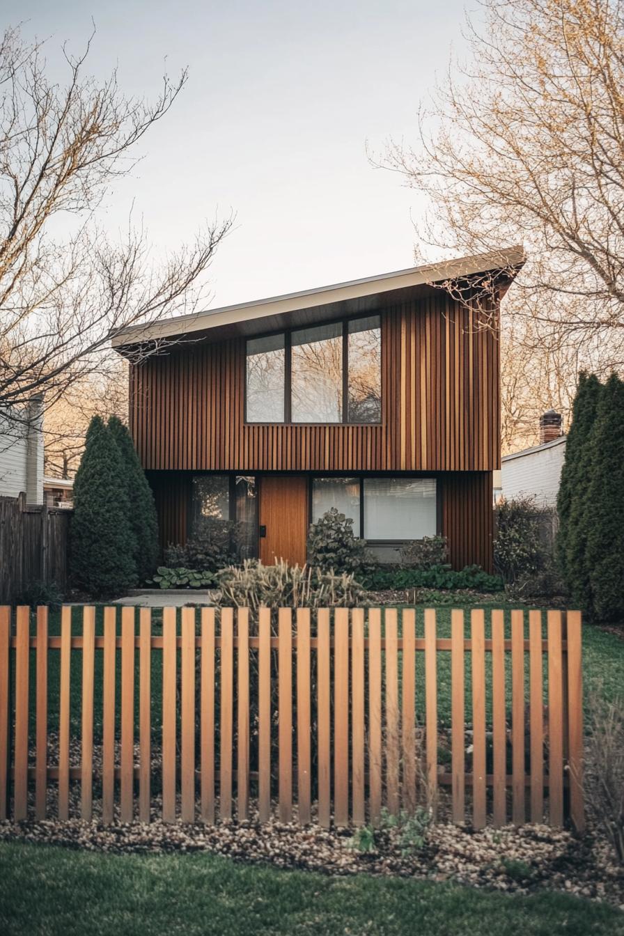 modern 70s style geometric house facade yard with vertical slat fencing in suburban neighborhood in spring