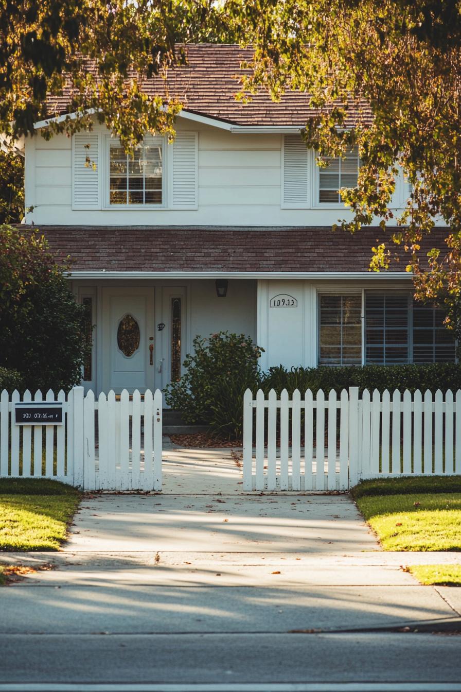 modern 90s style house facade with large house number suburban driveway with picket fence 1