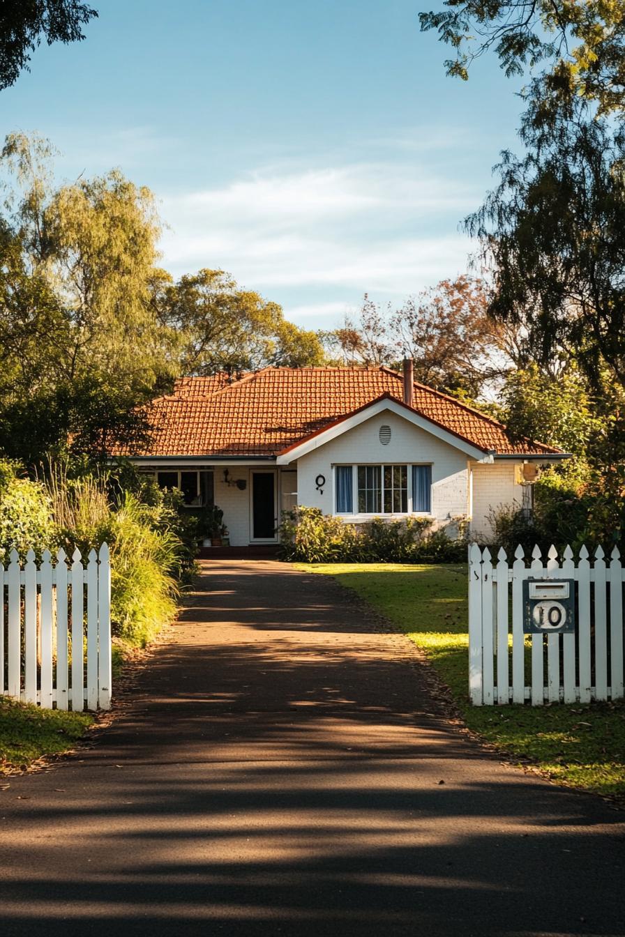 modern 90s style house facade with large house number suburban driveway with picket fence 2