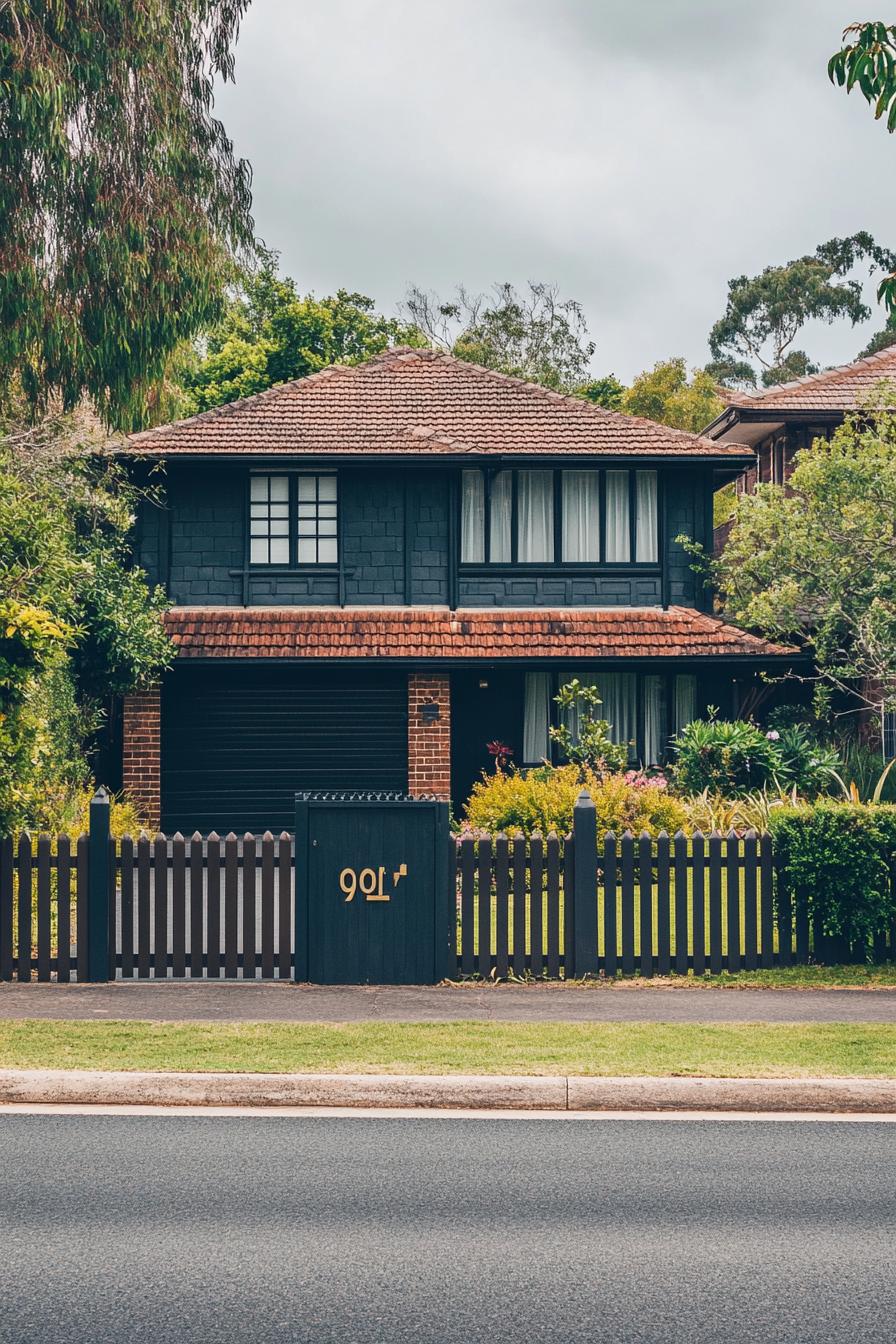 modern 90s style house facade with large house number suburban driveway with picket fence 3