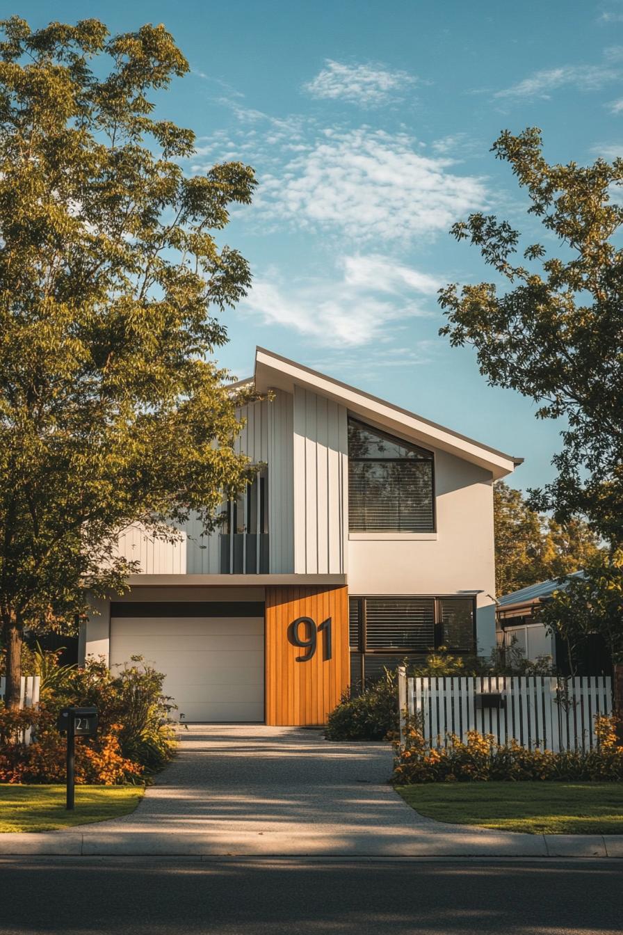 modern 90s style house facade with large house number suburban driveway with picket fence