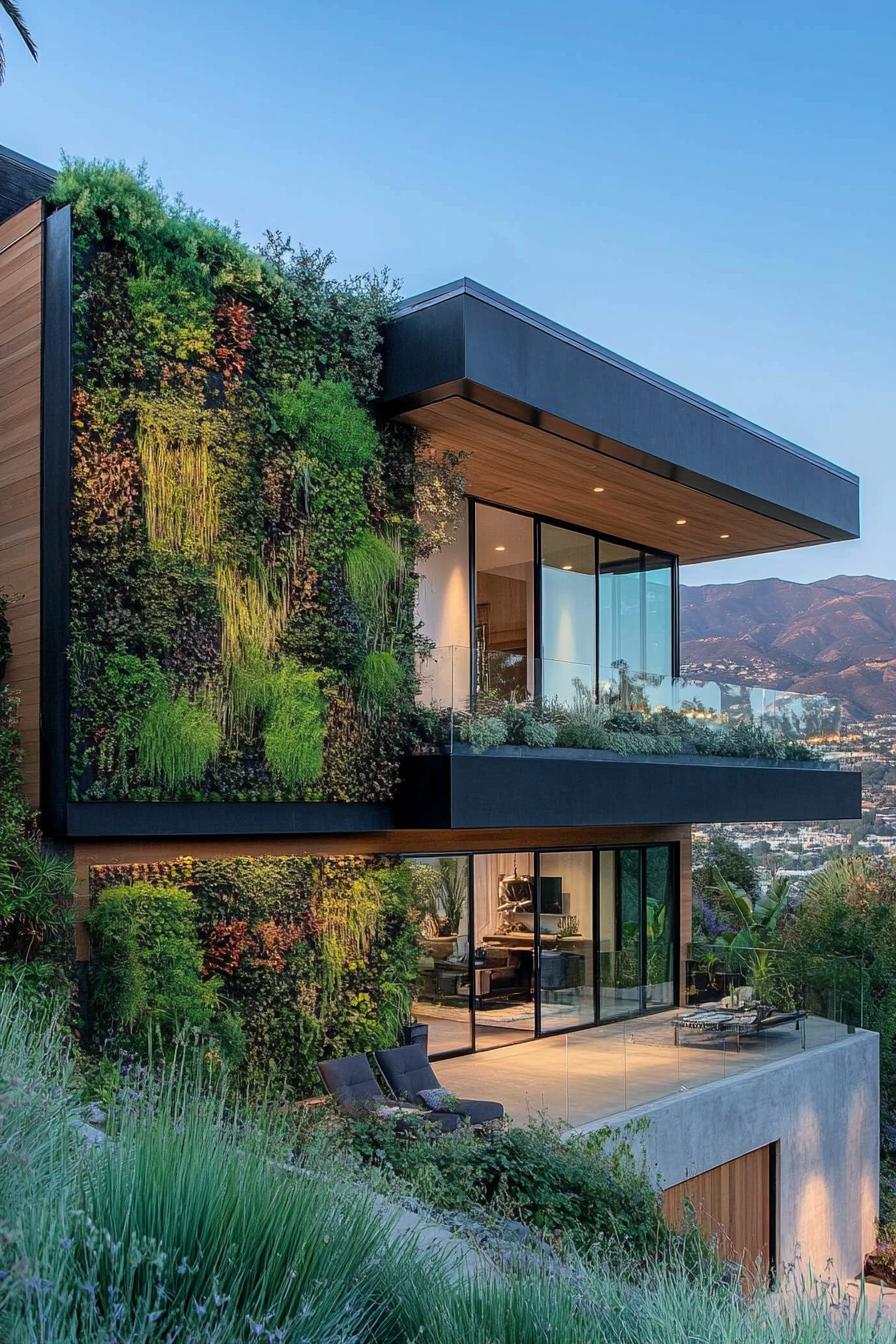 modern Californian house facade with vertical garden living walls stunning Californian mountain views