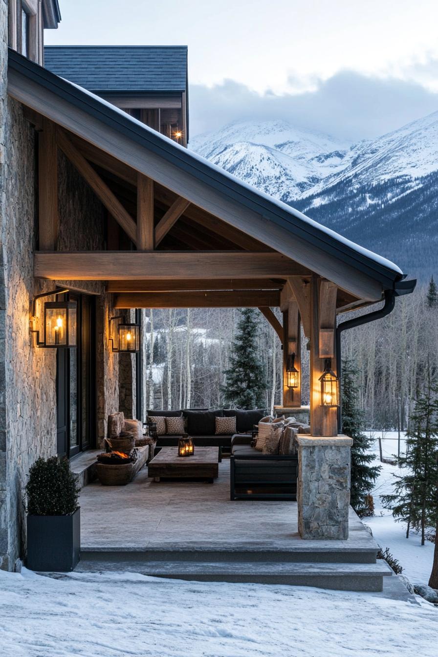 modern French chalet house covered front porch with cozy seating and lantern lighting frontal view snowy mountains in the background 1