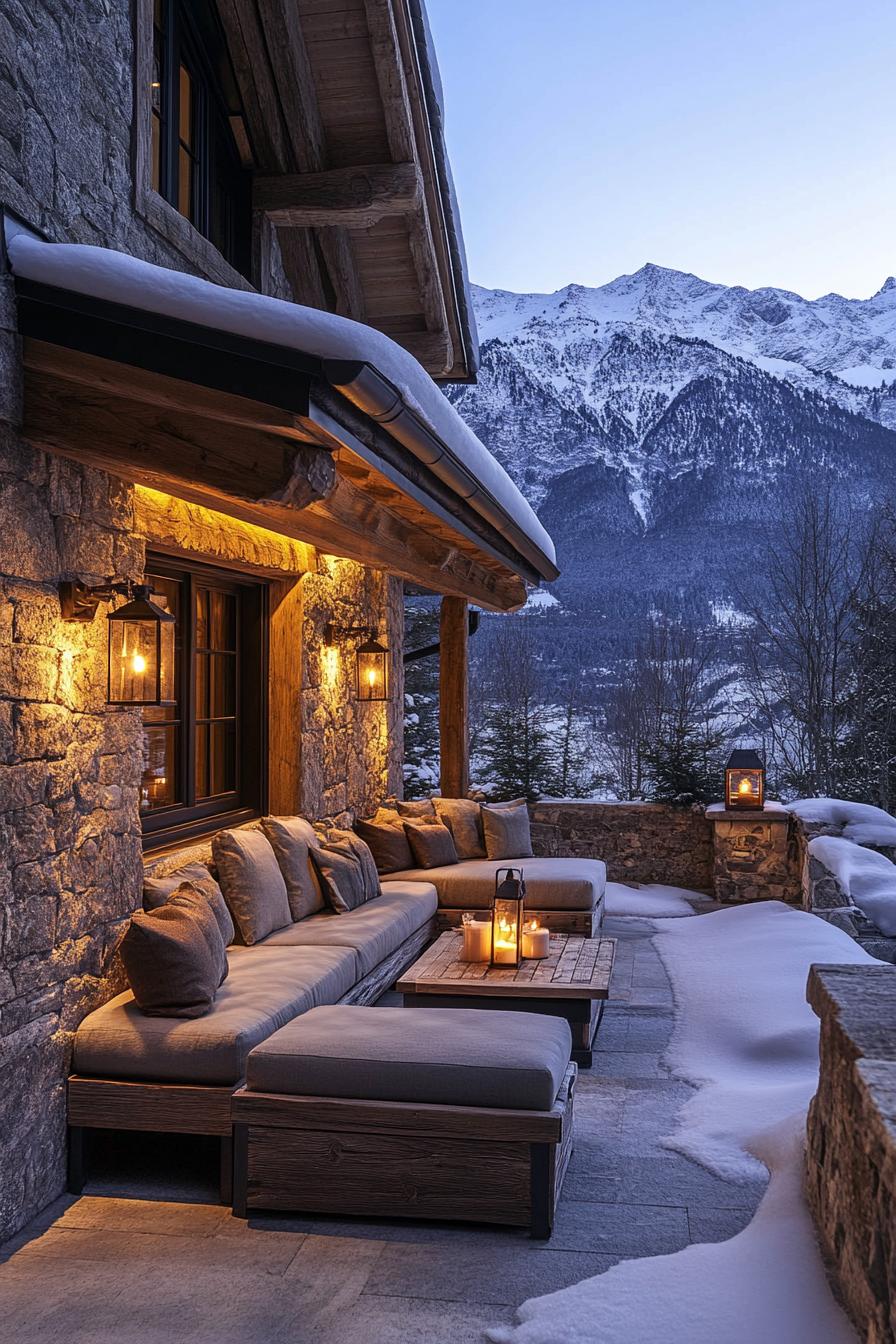 modern French chalet house covered front porch with cozy seating and lantern lighting frontal view snowy mountains in the background 2