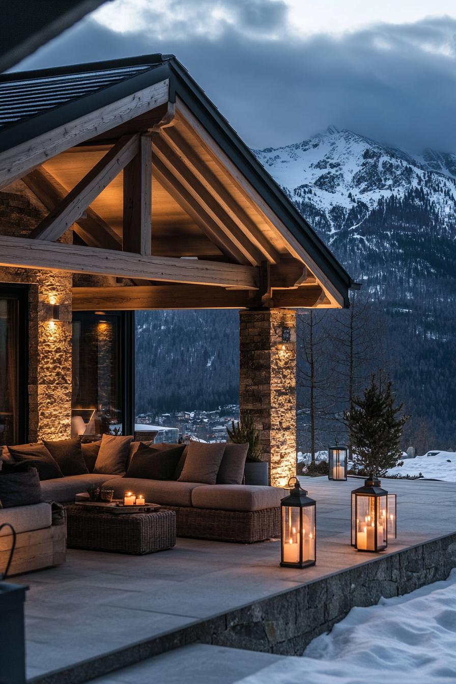 modern French chalet house covered front porch with cozy seating and lantern lighting frontal view snowy mountains in the background 3