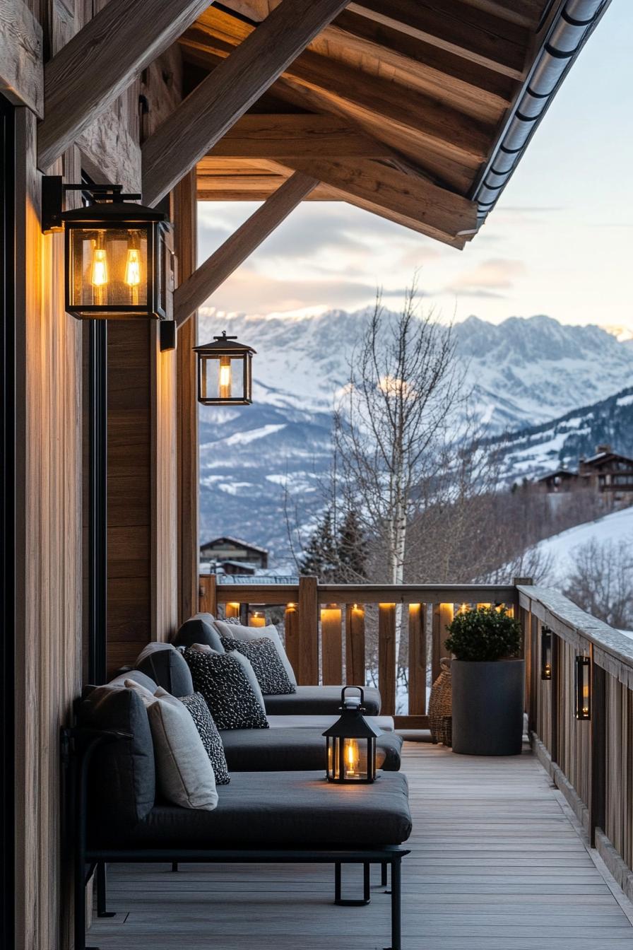 modern French chalet house covered front porch with cozy seating and lantern lighting frontal view snowy mountains in the background