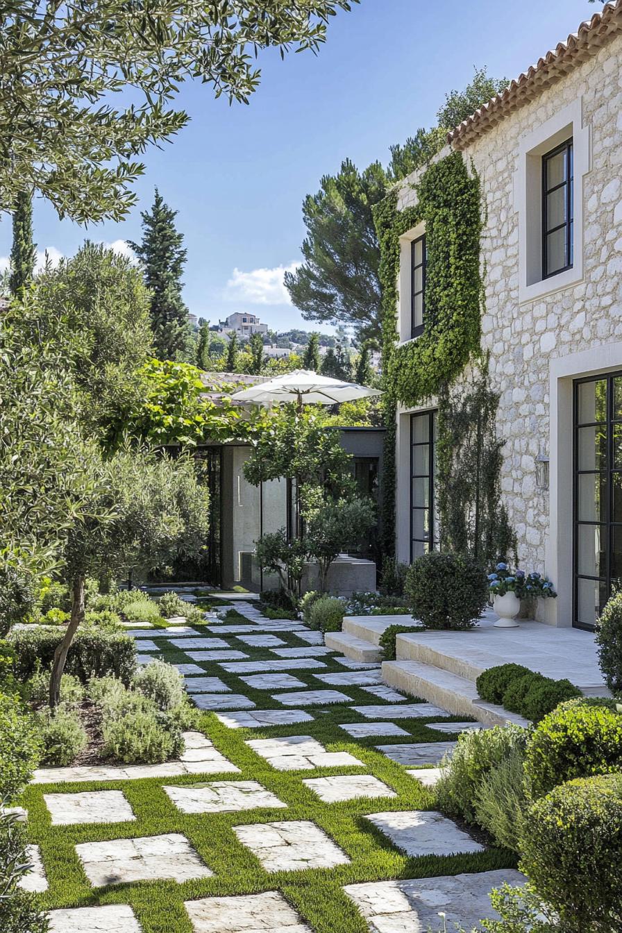 modern French country house limestone facade geometric garden paths French riviera garden 1