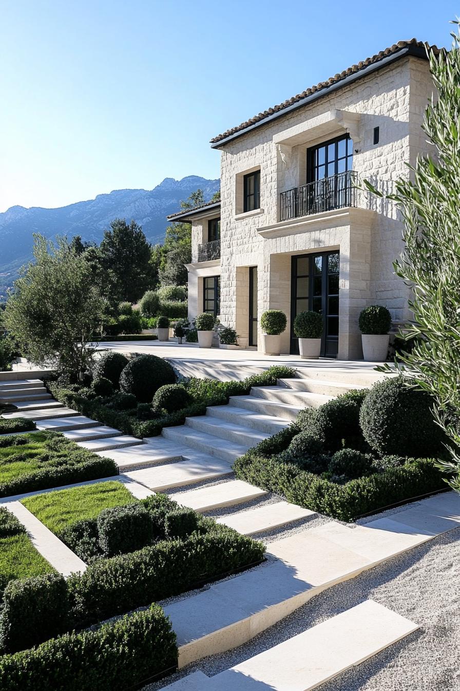 modern French country house limestone facade geometric garden paths French riviera garden 2