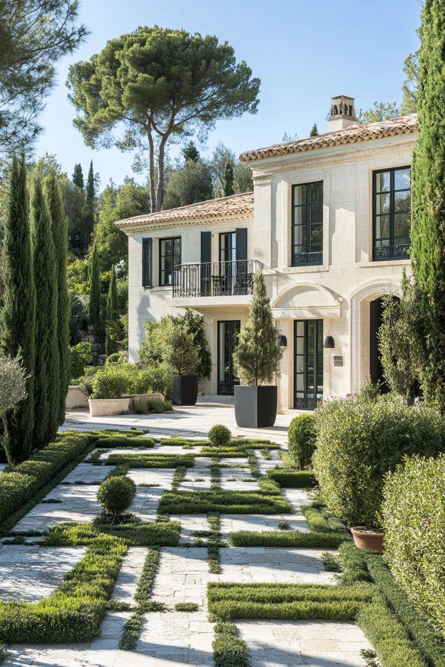 modern French country house limestone facade geometric garden paths French riviera garden 3