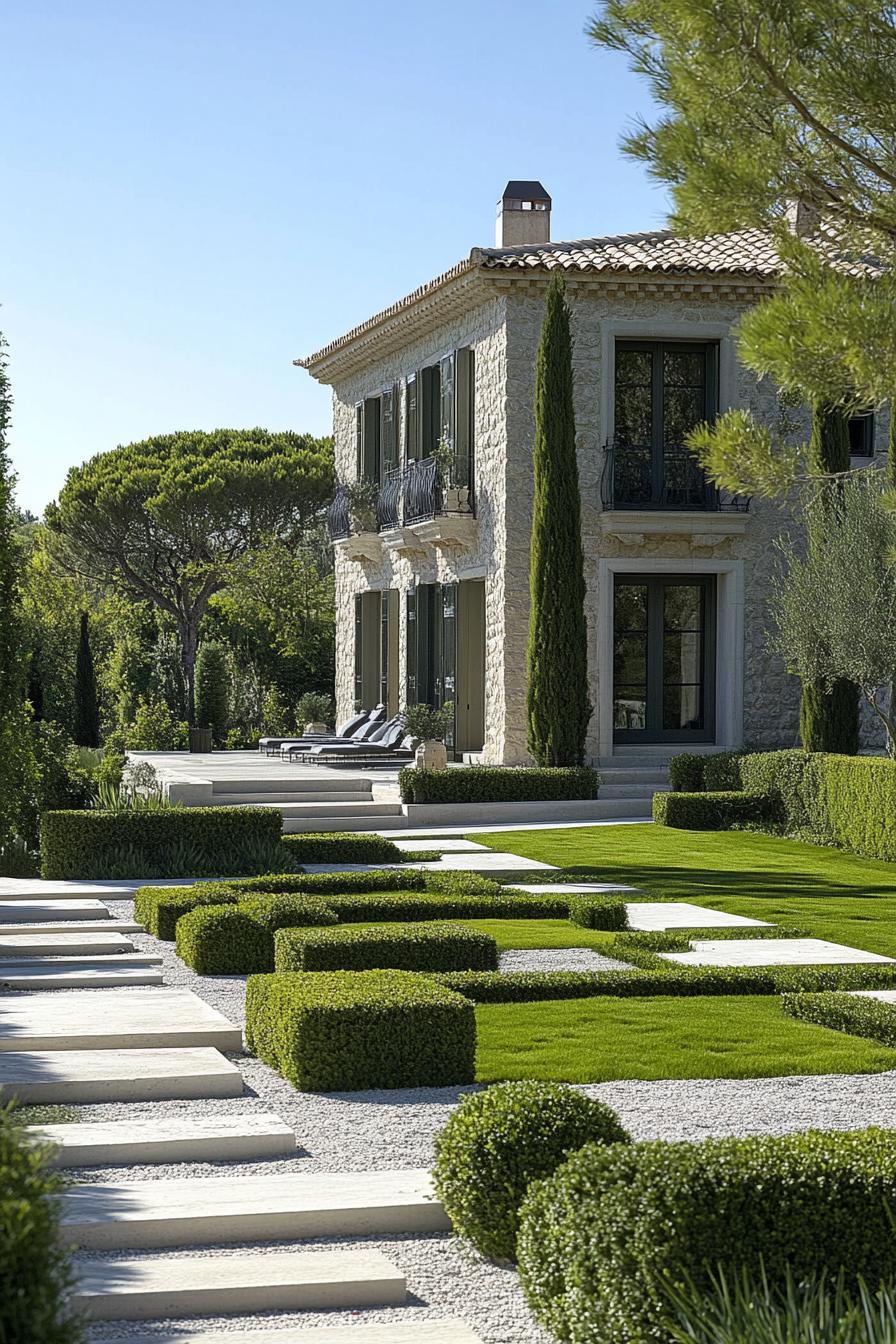 modern French country house limestone facade geometric garden paths French riviera garden