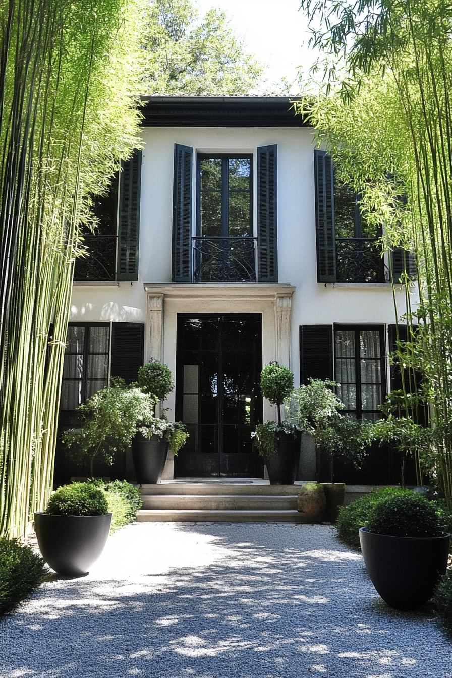 modern French house facade with bamboo accents rustic French garden 2