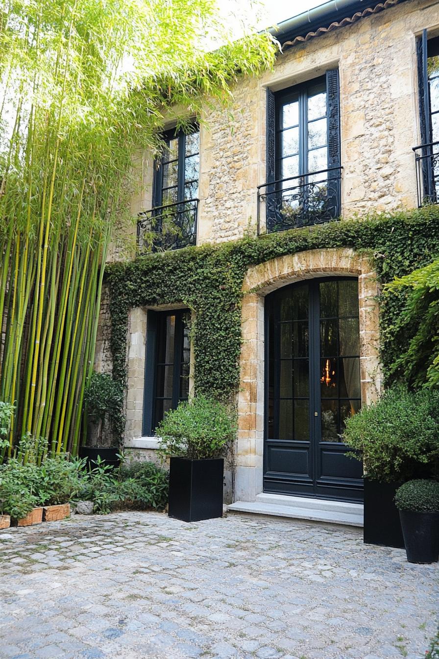 modern French house facade with bamboo accents rustic French garden 3