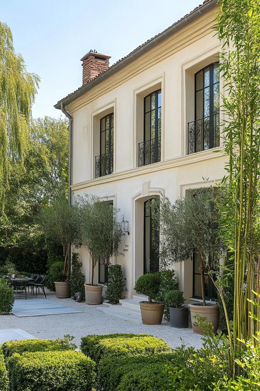 modern French house facade with bamboo accents rustic French garden