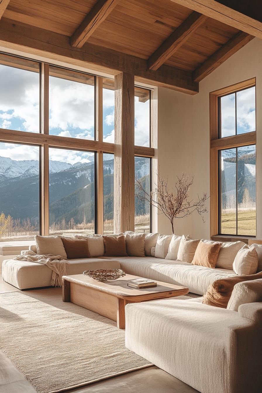 modern L shaped farmhouse living room minimalist interior large windows overlooking stunning mountains 1