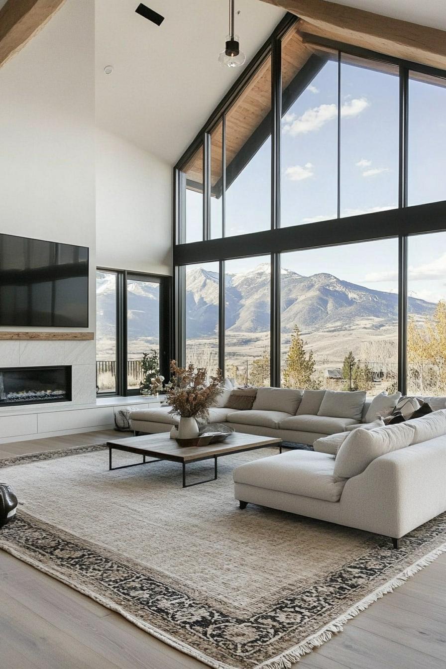 modern L shaped farmhouse living room minimalist interior large windows overlooking stunning mountains 2