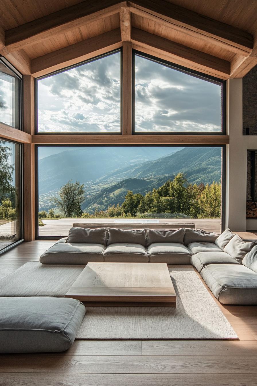 modern L shaped farmhouse living room minimalist interior large windows overlooking stunning mountains 3