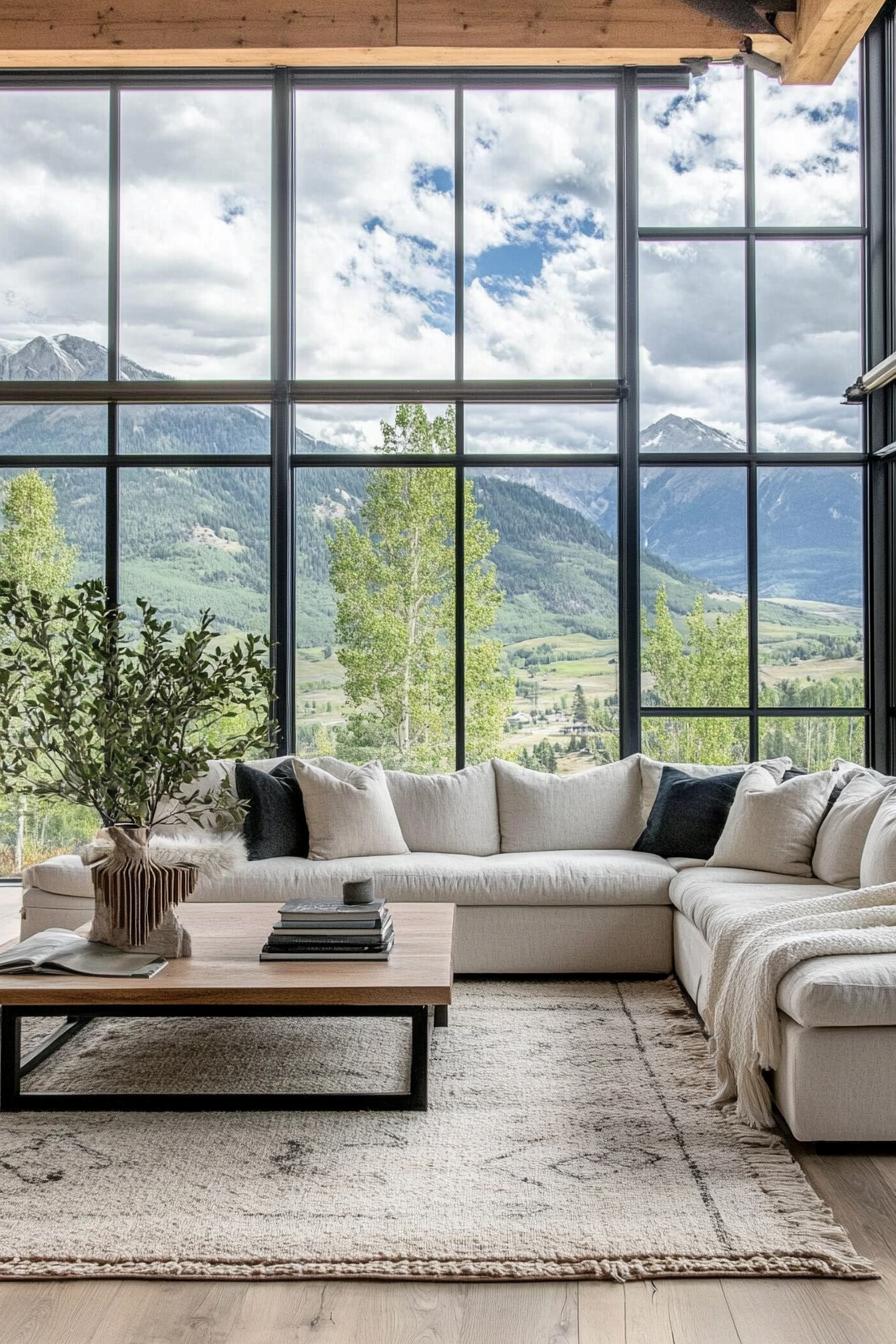 modern L shaped farmhouse living room minimalist interior large windows overlooking stunning mountains