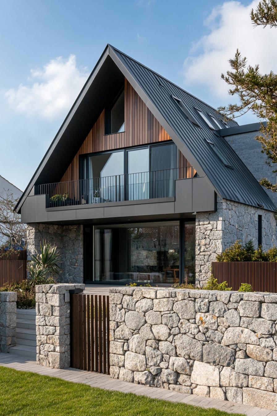 modern a frame house facade with stone fence wall and cantileverd second floor zinc roof in suburbs of Ireland 1