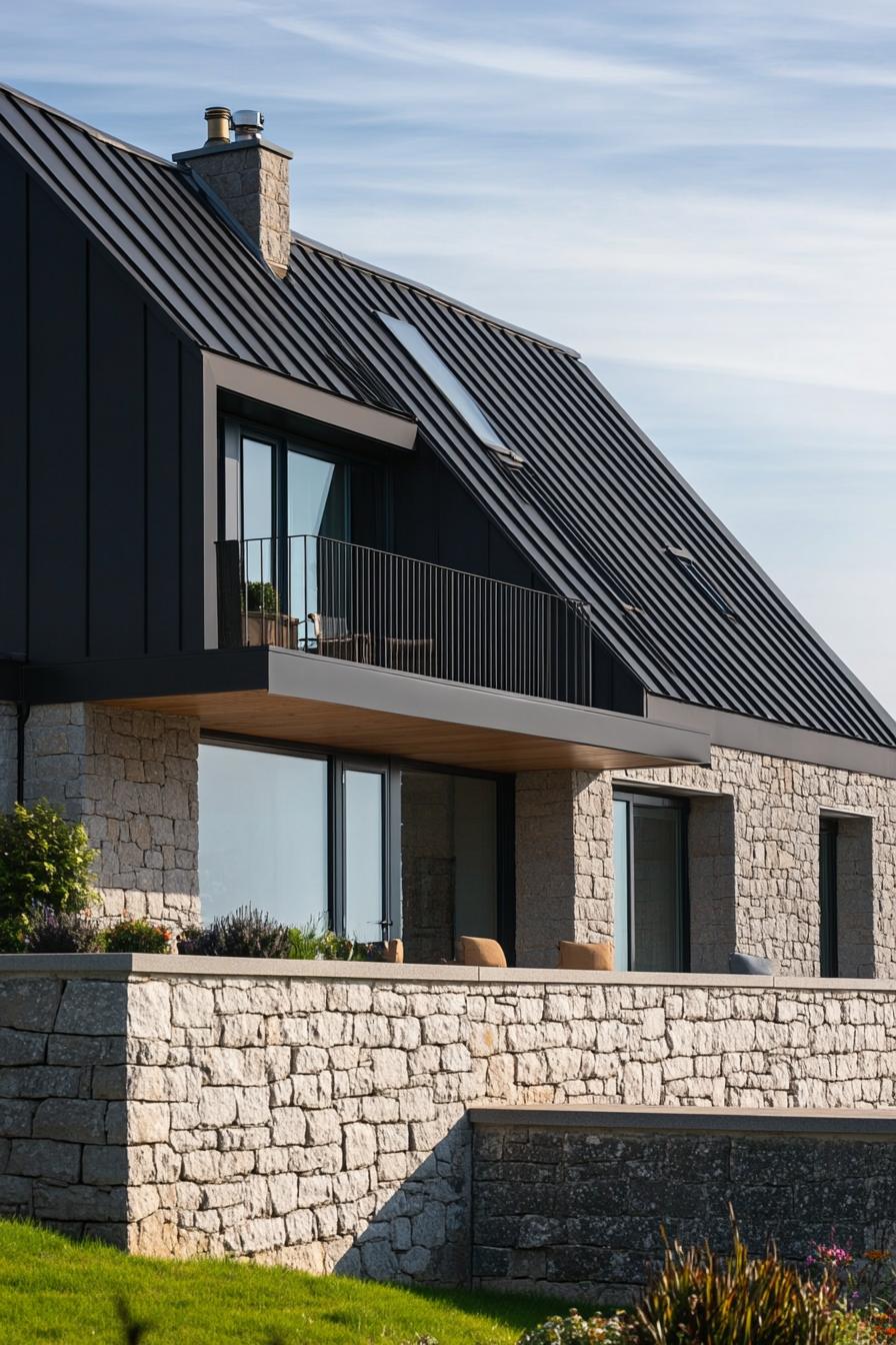 modern a frame house facade with stone fence wall and cantileverd second floor zinc roof in suburbs of Ireland 2