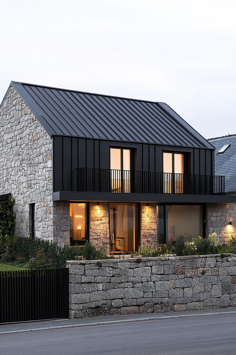 modern a frame house facade with stone fence wall and cantileverd second floor zinc roof in suburbs of Ireland 3