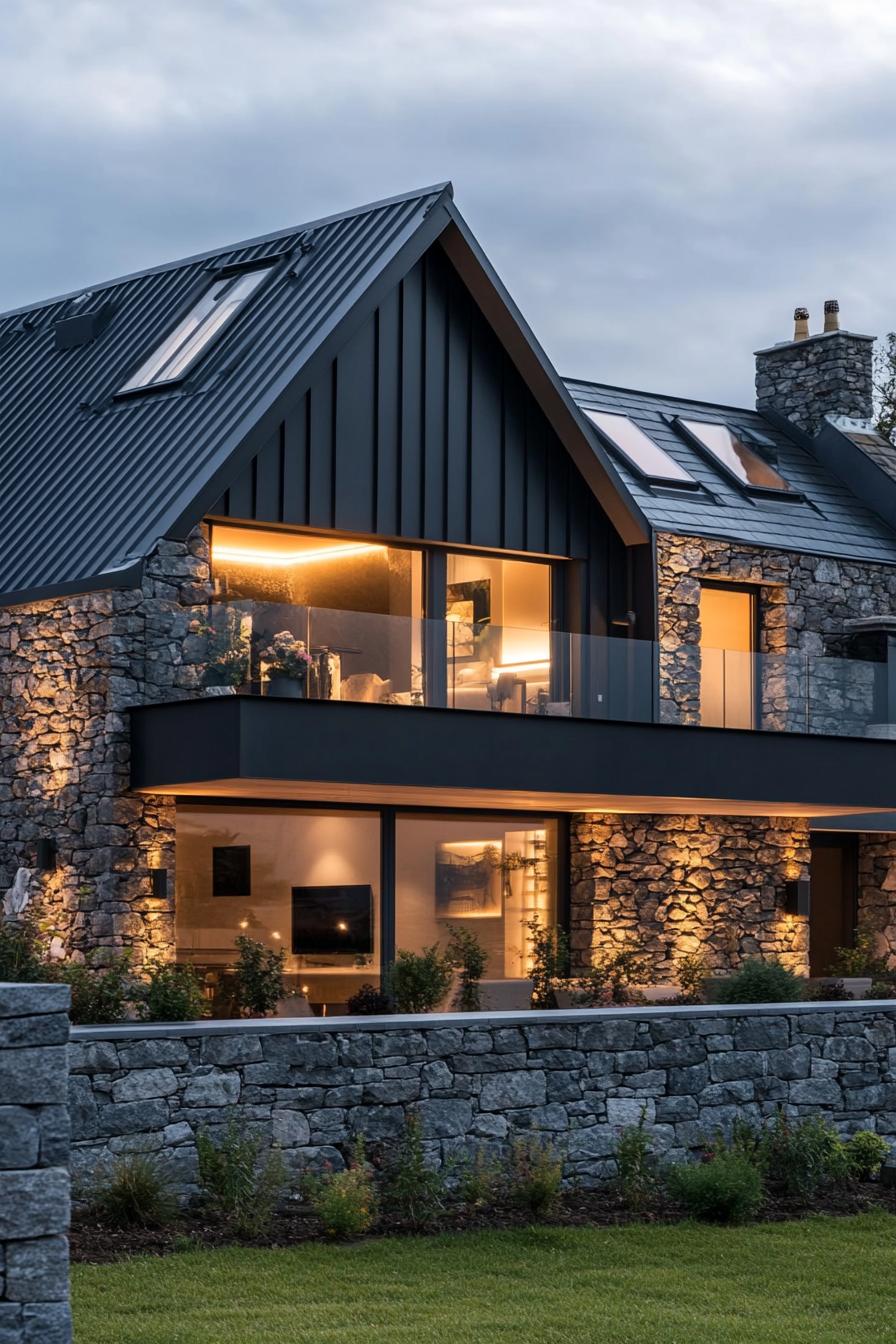 modern a frame house facade with stone fence wall and cantileverd second floor zinc roof in suburbs of Ireland