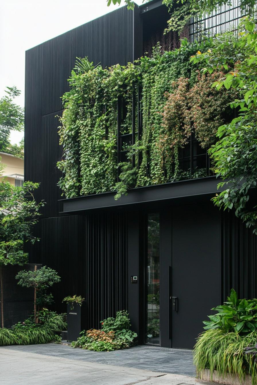 modern all black house yard with black steel fence and lush green vertical garden 1