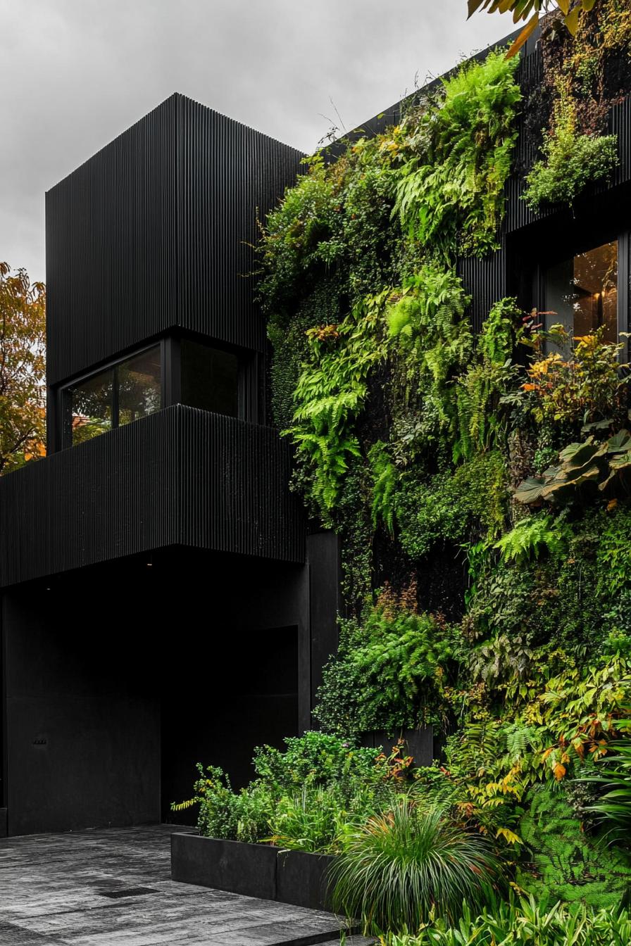 modern all black house yard with black steel fence and lush green vertical garden 2