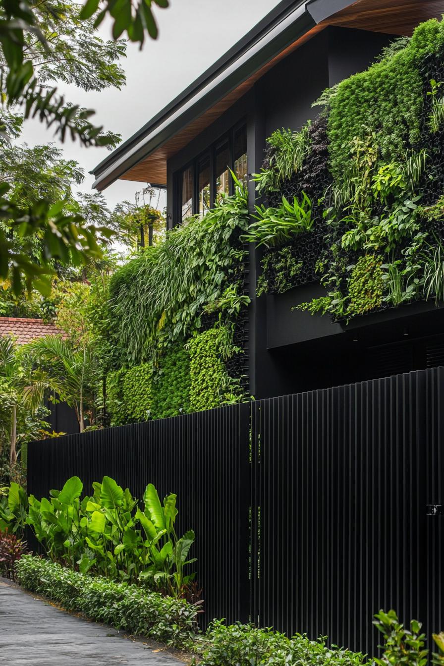 modern all black house yard with black steel fence and lush green vertical garden 3