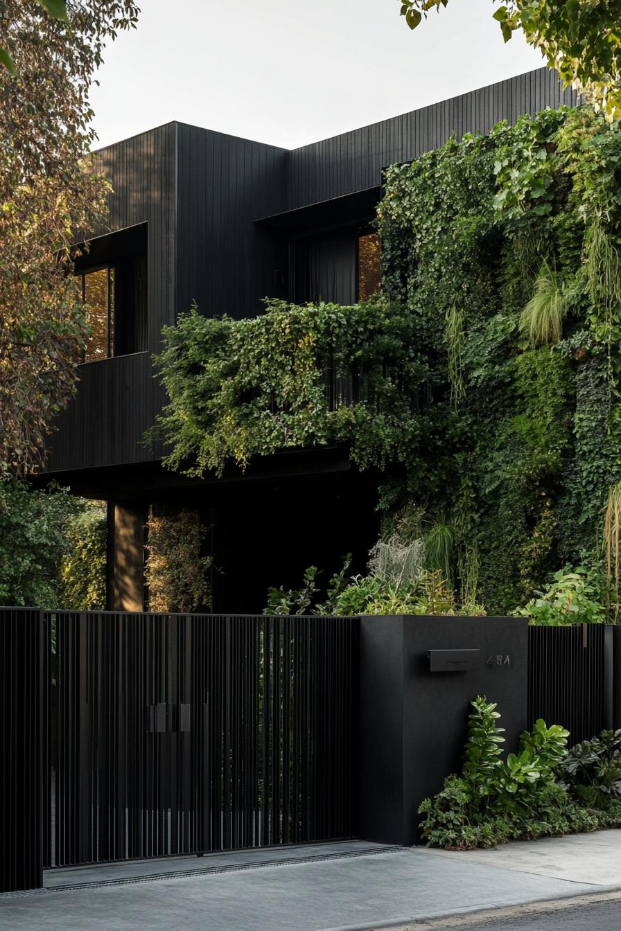 modern all black house yard with black steel fence and lush green vertical garden