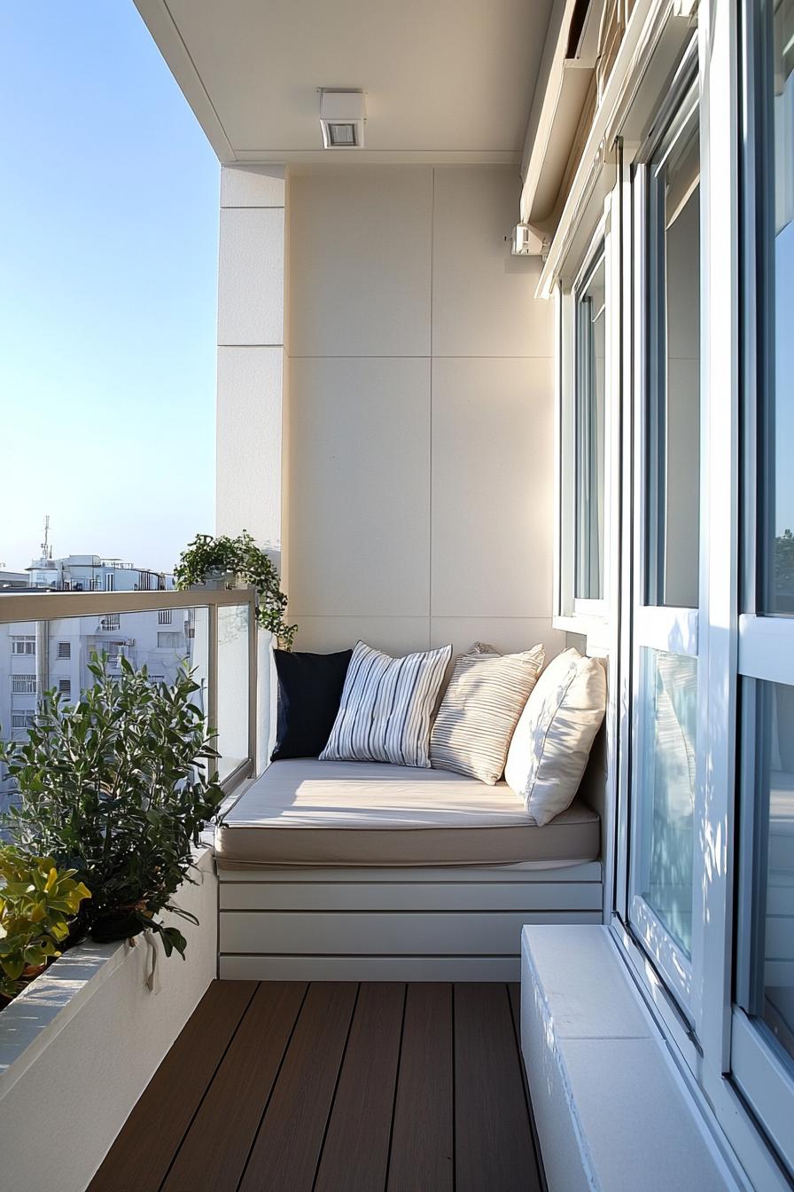 modern apartment small minimalist balcony interior with built in seating