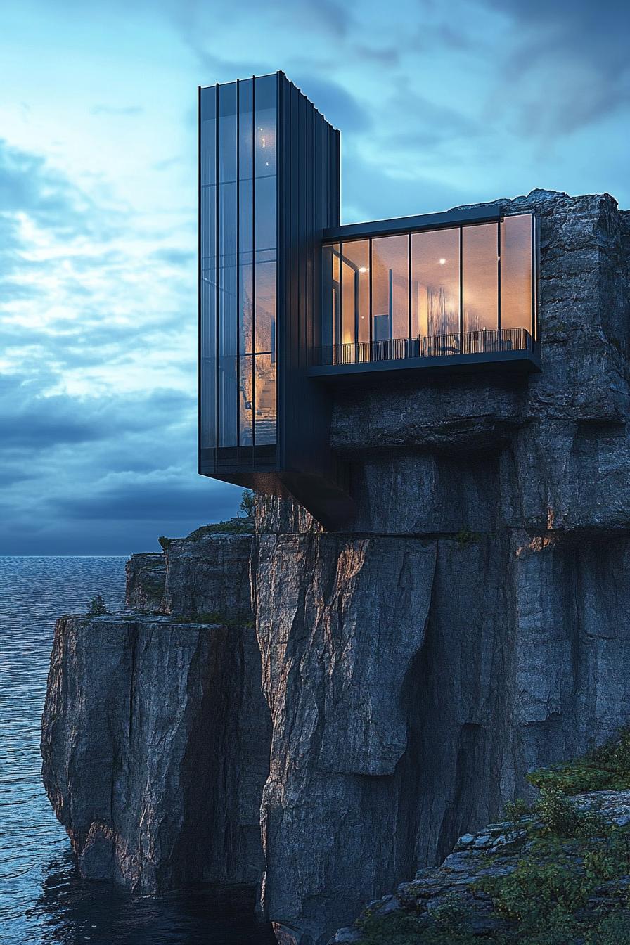 modern architecture cliff castle with large glass windows and towers 1